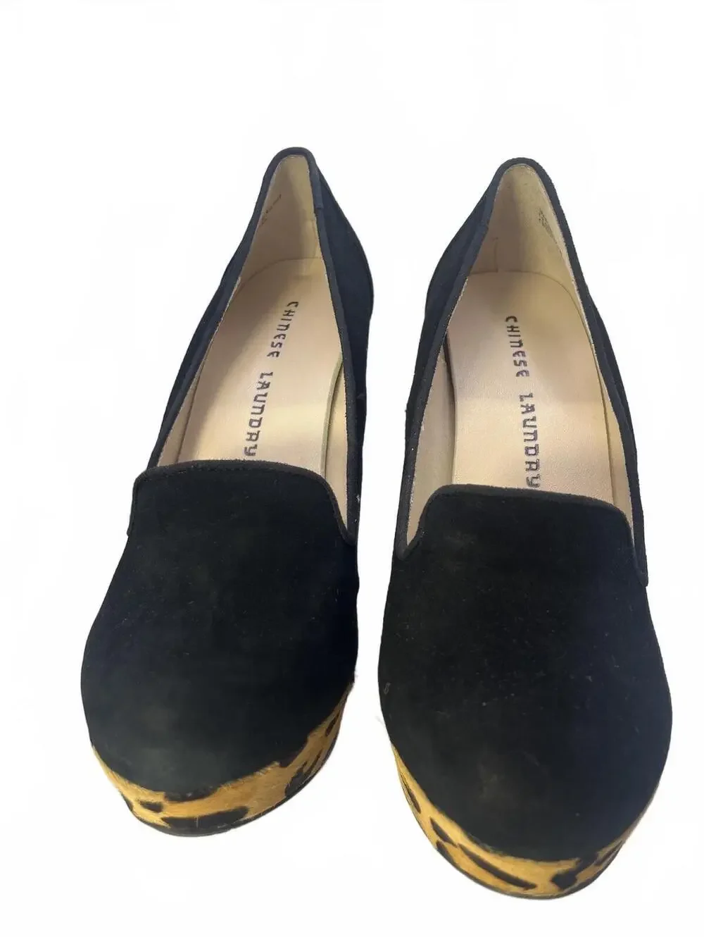 Chinese Laundry Black Suede Wedge Heels Leopard Print Platform Size 8.5 NWOT